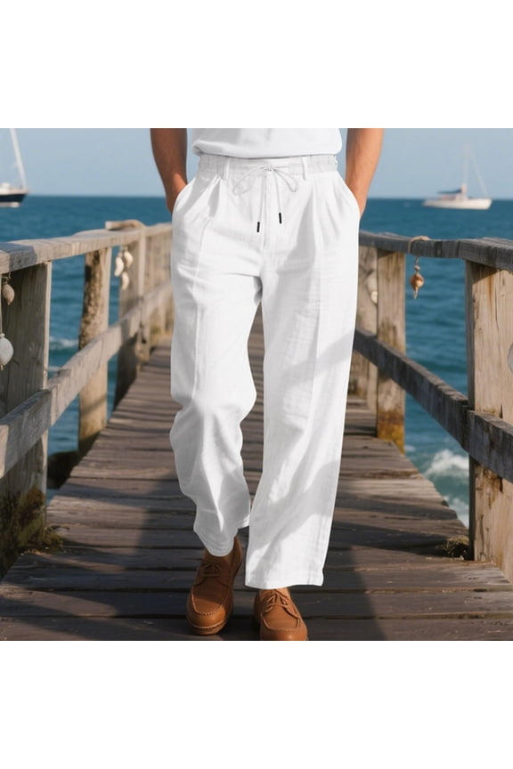 Men's Casual Solid Straight-Leg Pants with Elastic Waist & Drawstring Pockets - Breathable Comfort Fit