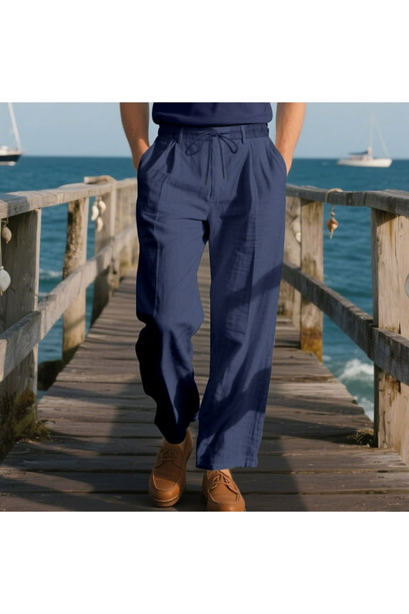 Men's Casual Solid Straight-Leg Pants with Elastic Waist & Drawstring Pockets - Breathable Comfort Fit