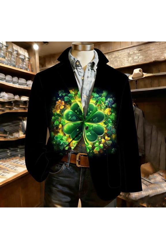 Men's Casual St. Patrick Print Long Sleeve Lapel Double Button Jacket, Lightweight Breathable Outdoor Coat for Daily Wear and Travel