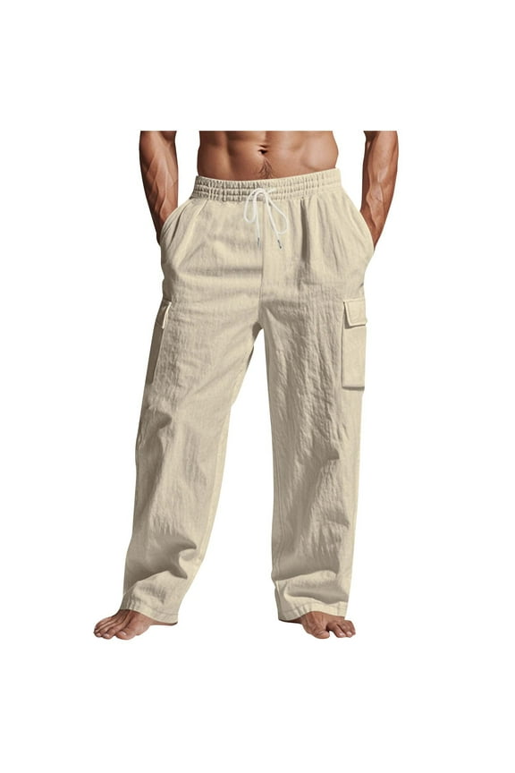 Men's Casual Straight Leg Pants, Solid Color Utility Workwear with Elastic Waistband & Side Pockets, Outdoor Daily Wear Comfortable Trousers for Men,Plus Size