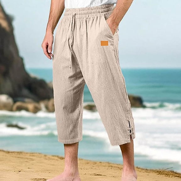 Handshe Men's Casual Summer Beach Pants with Elastic Waist and Drawstring Pockets Solid Color Comfortable Outdoor,Plus Size