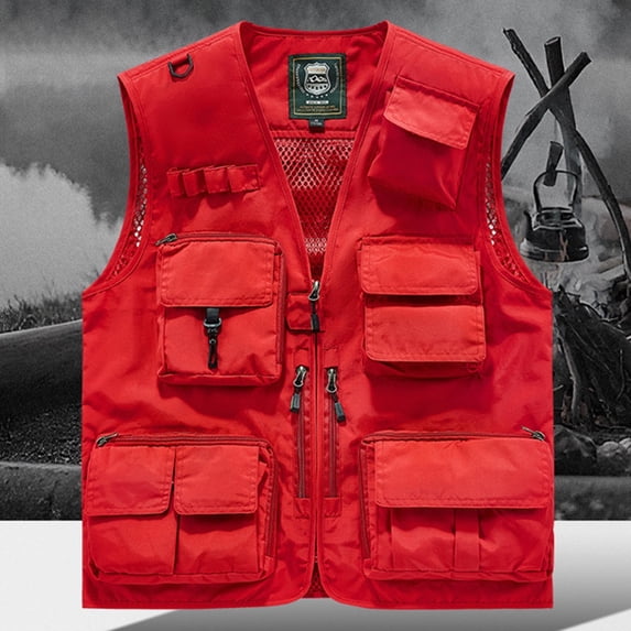 Handshe Men's Casual Vest, Loose Fit with Multiple Pockets and Pen Slot, Zipper Front and V-Neck Design, Multi-Functional Outdoor Emergency Vest for Daily Wear and Outdoor Activities