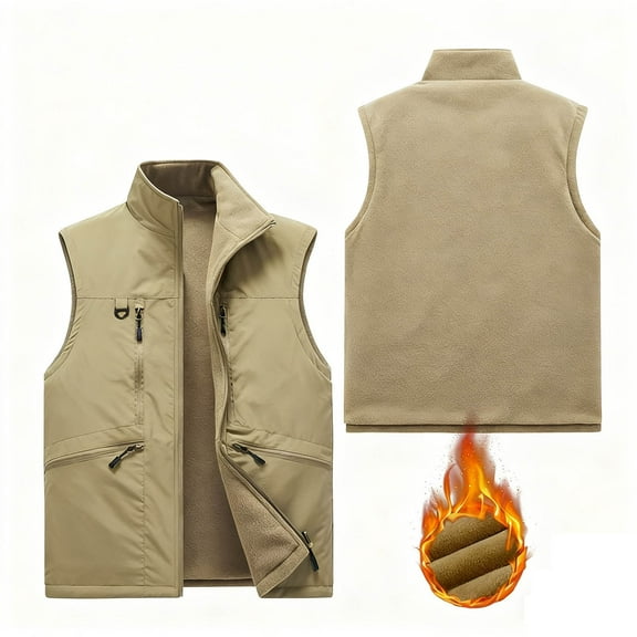 Handshe Men's Casual Vest, Reversible Fleece-Lined with Multiple Pockets, Workwear Waterproof Outdoor Sleeveless Jacket for Activities and Daily Winter Wear