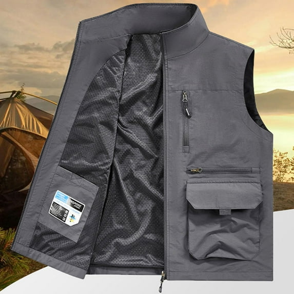 Handshe Men's Casual Vest, Solid Color Sleeveless Lightweight with Multi-Pockets, Lapel Collar Outdoor Workwear for Daily Use