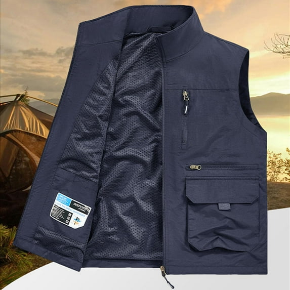 Handshe Men's Casual Vest, Solid Color Sleeveless Lightweight with Multi-Pockets, Lapel Collar Outdoor Workwear for Daily Use