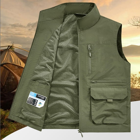 Handshe Men's Casual Vest, Solid Color Sleeveless Lightweight with Multi-Pockets, Lapel Collar Outdoor Workwear for Daily Use