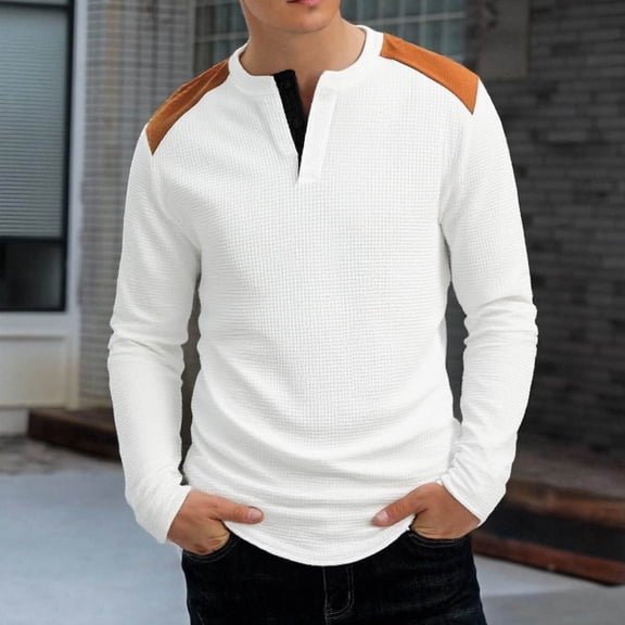 Handshe Men's Casual Waffle Knit T-Shirt, Solid Color Round Neck with Button Color Block Design, Long Sleeve Shirt for Casual Wear and Daily Outfits