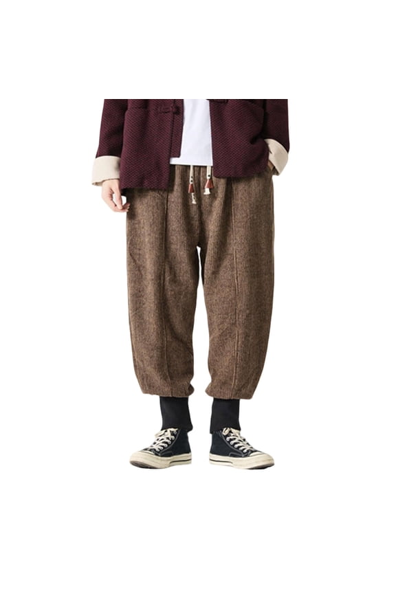 Men's Casual Wool Blend Pants, Solid Color Elastic Waist with Drawstring and Pockets, Comfortable Cuffed Hem for Daily Wear and Outdoor Activities