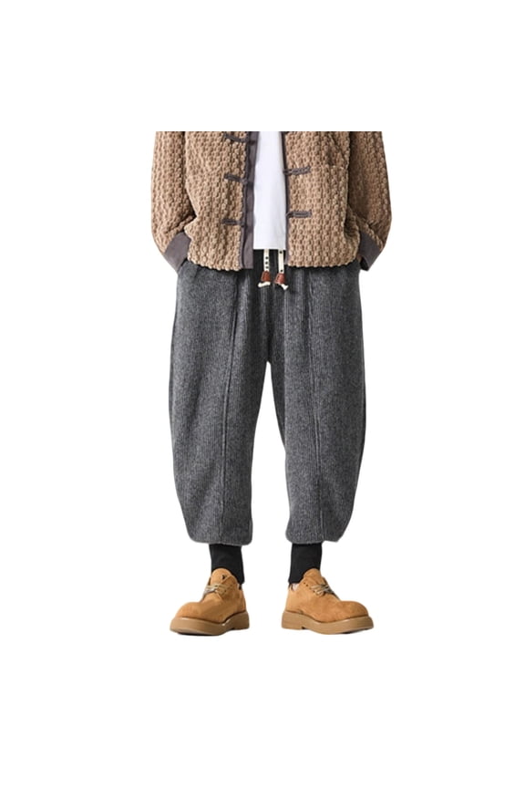 Men's Casual Wool Blend Pants, Solid Color Elastic Waist with Drawstring and Pockets, Comfortable Cuffed Hem for Daily Wear and Outdoor Activities