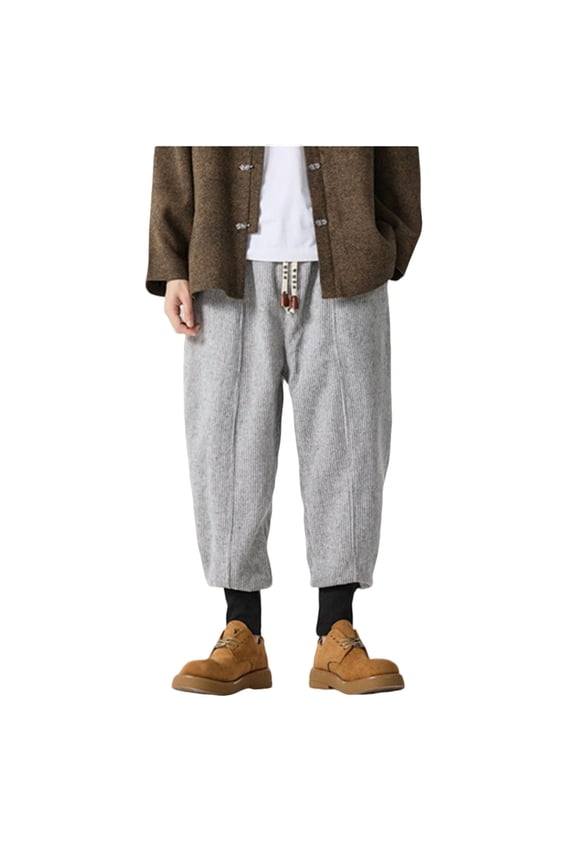Men's Casual Wool Blend Pants, Solid Color Elastic Waist with Drawstring and Pockets, Comfortable Cuffed Hem for Daily Wear and Outdoor Activities