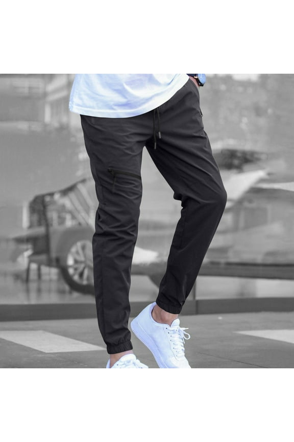 Men's Casual Work Utility Pants with Zipper Pockets Elastic Drawstring Waist Tapered-Leg Design
