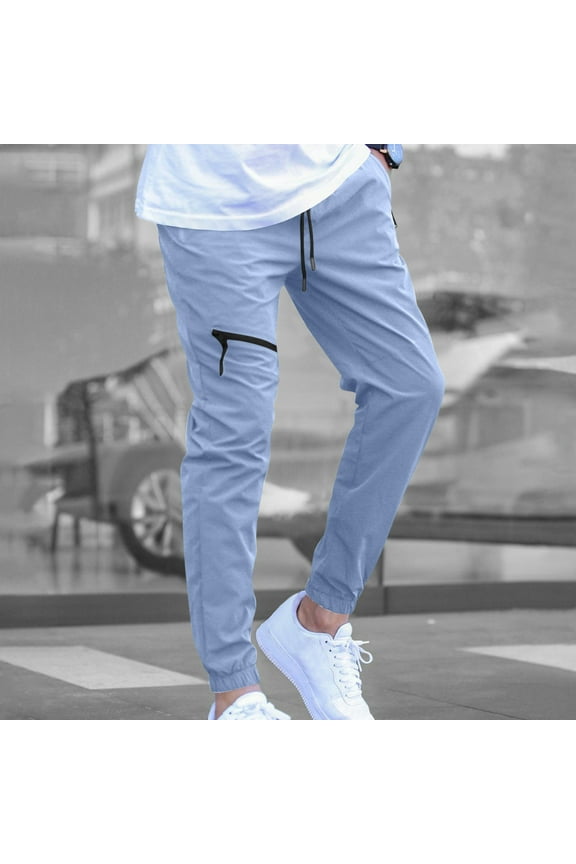Men's Casual Work Utility Pants with Zipper Pockets Elastic Drawstring Waist Tapered-Leg Design
