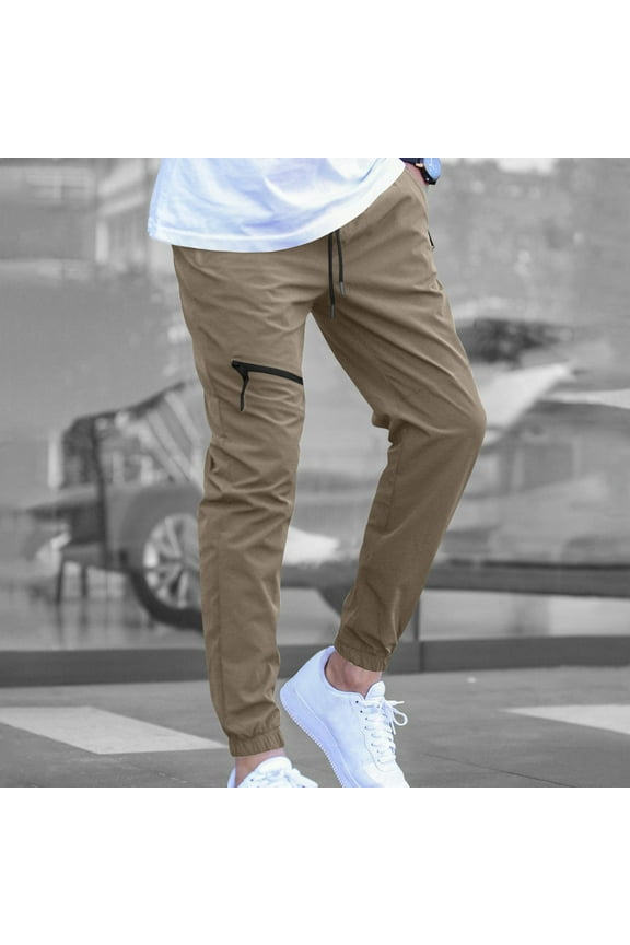 Men's Casual Work Utility Pants with Zipper Pockets Elastic Drawstring Waist Tapered-Leg Design
