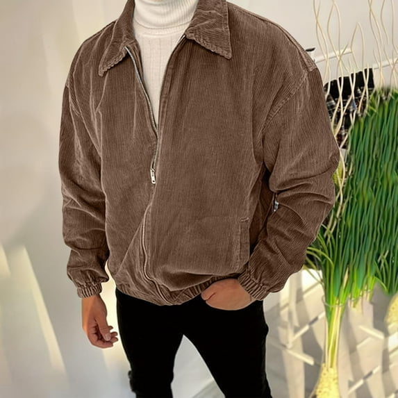 Handshe Men's Casual Zip-Up Jacket, Solid Color Long Sleeve Collar Design Lightweight Outerwear for Urban Outwear, Daily Casual Wear,Plus Size