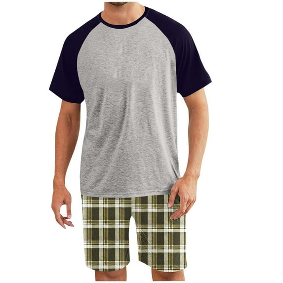 Handshe Men's Checkered Print Shorts and T-Shirt Set, Raglan Color Blocking Contrast Loungewear, Casual Home Comfort Two-Piece Outfit,Plus Size