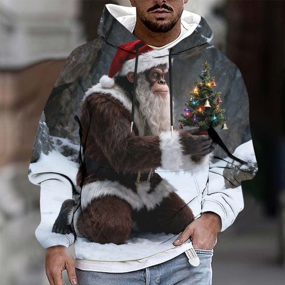 Handshe Men's Christmas Print Hooded Long-Sleeve Sweatshirt, Cotton Casual Pullover for Holiday Festive Winter and Casual Wear
