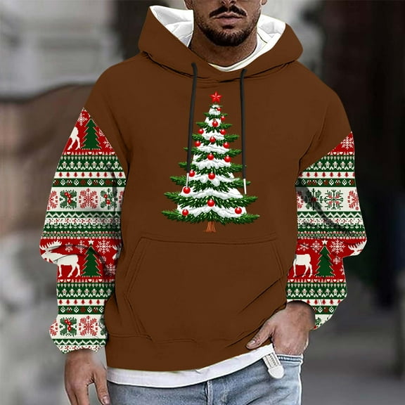 Handshe Men's Christmas Print Hooded Long-Sleeve Sweatshirt, Warm and Comfortable for Holiday Festivities and Everyday Casual