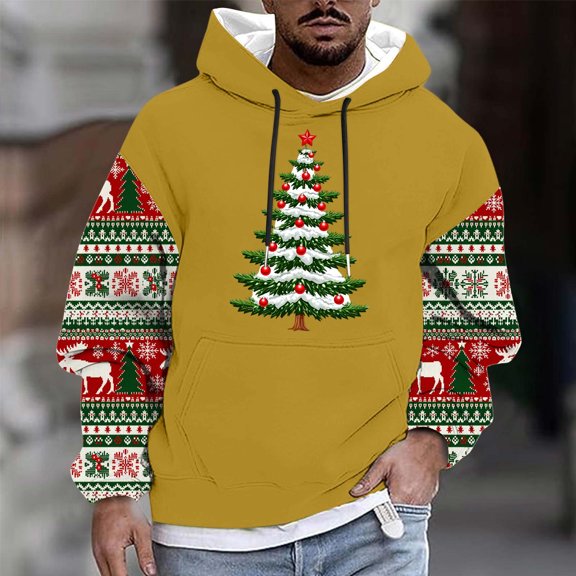 Handshe Men's Christmas Print Hooded Long-Sleeve Sweatshirt, Warm and Comfortable for Holiday Festivities and Everyday Casual