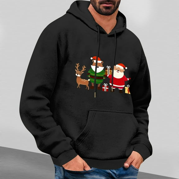 Handshe Men's Christmas Print Hooded Sweatshirt, Casual Pullover with Festive Design for Holiday and Casual Wear