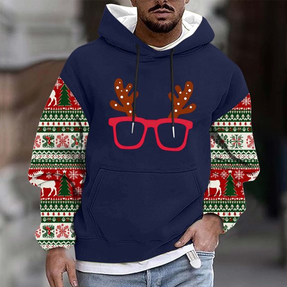 Handshe Men's Christmas Print Hooded Sweatshirt, Long Sleeve Pullover with Festive Design, Cozy Casual Wear for Holiday Season and Everyday Use