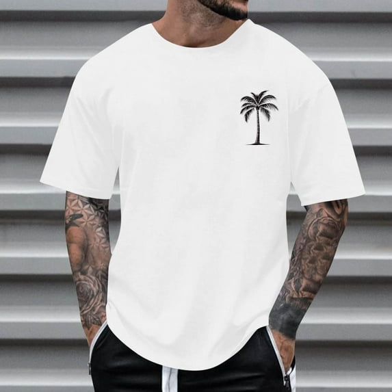 Handshe Men's Coconut Tree Print T Shirt Casual Round Neck Short Sleeve Top Personality Fashion Summer