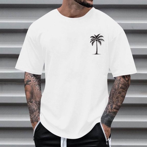 Handshe Men's Coconut Tree Print T Shirt Casual Round Neck Short Sleeve Top Personality Fashion Summer