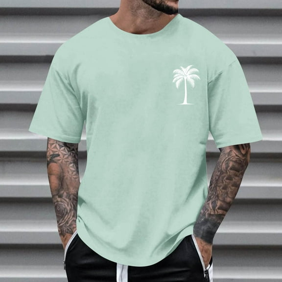 Handshe Men's Coconut Tree Print T Shirt Casual Round Neck Short Sleeve Top Personality Fashion Summer