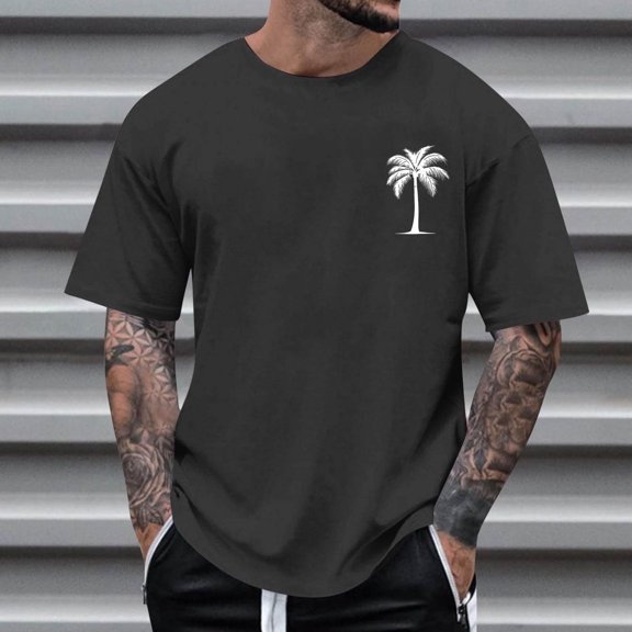 Handshe Men's Coconut Tree Print T Shirt Casual Round Neck Short Sleeve Top Personality Fashion Summer