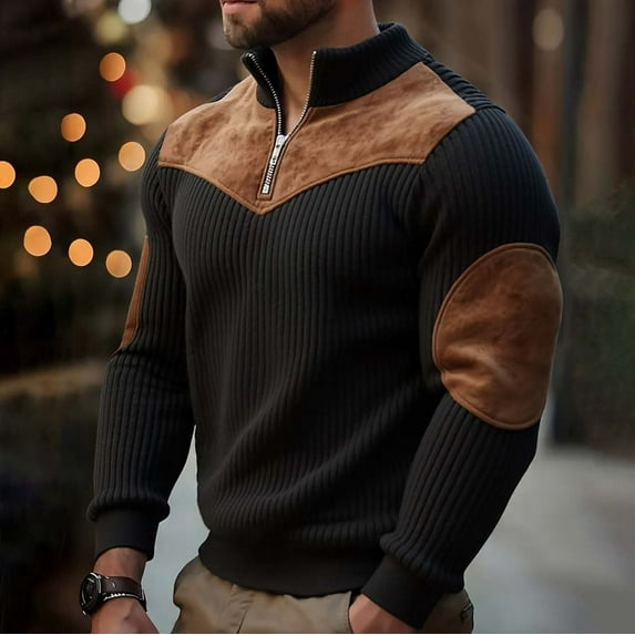 Handshe Men's Color-blocked Ribbed Pullover with Stand-up Collar and Patchwork Design, Warm Thermal Sweatshirt for Casual Daily Wear