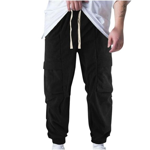 Handshe Men's Corduroy Cargo Pants Solid Color with Drawstring Waist & Multiple Pockets Casual Relaxed Fit Workwear