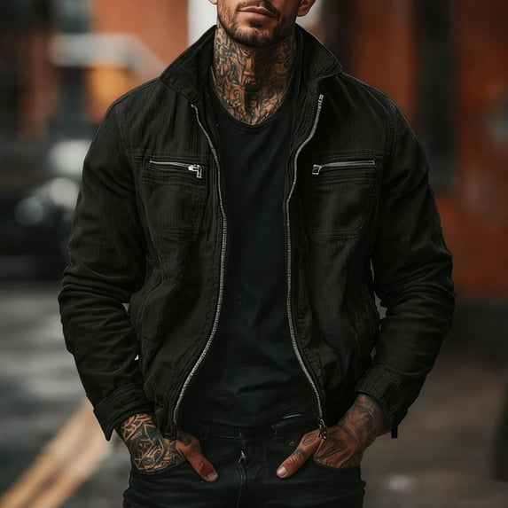 Handshe Men's Corduroy Jacket, Solid Color Long Sleeve Lapel Collar with Zipper Front and Two Pockets, Casual Outdoor Wear for Daily Activities