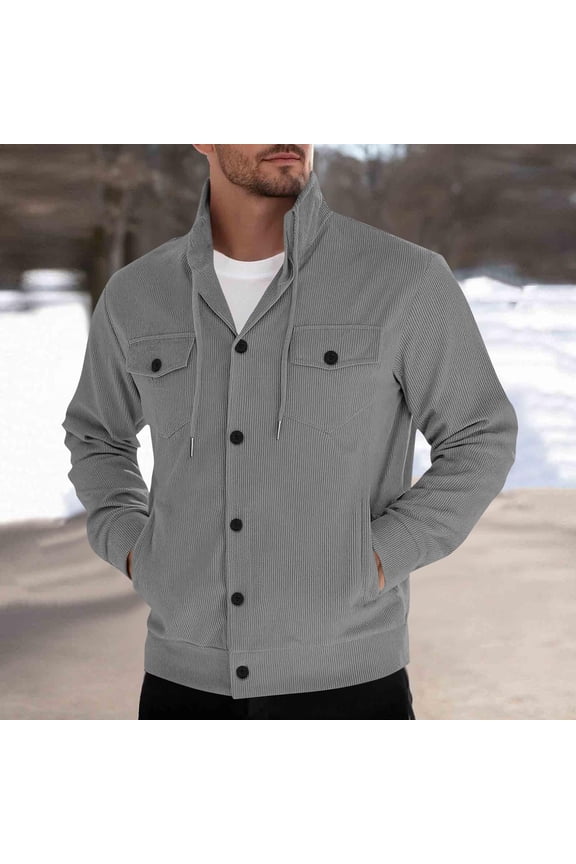 Men's Corduroy Jacket, Solid Color Relaxed Fit with Button Pockets and Drawstring, Long Sleeve Stand Collar Coat for Casual and Outdoor Activities