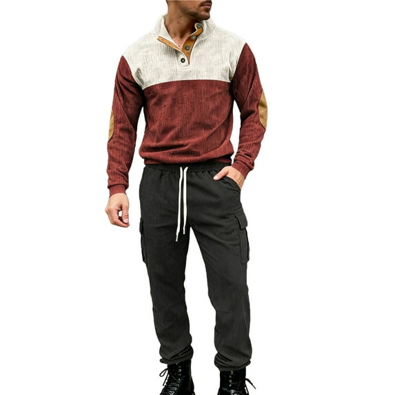 Handshe Men's Corduroy Pants and Shirt Set, Color-Blocked Outdoor Workwear with Elastic Waist and Pockets, Casual Sportswear for Daily Wear and Outdoor Activities