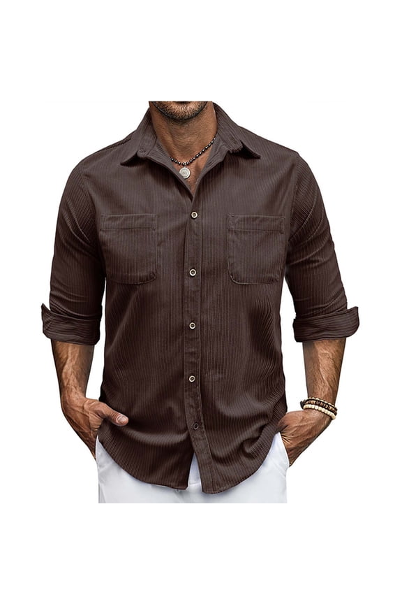 Men's Corduroy Shirt Jacket, Solid Color Casual Long Sleeve Full-Zip Collar Dual Pockets, Stylish Layering for Autumn Winter Outdoors,Plus Size