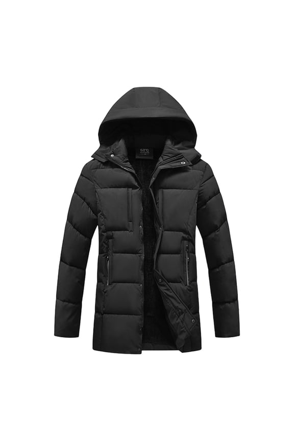 Men's Cotton Hooded Parka, Solid Color Mid-Length Thickened Long Sleeve Detachable Hood Winter Coat for Outdoor Activities and Daily Wear