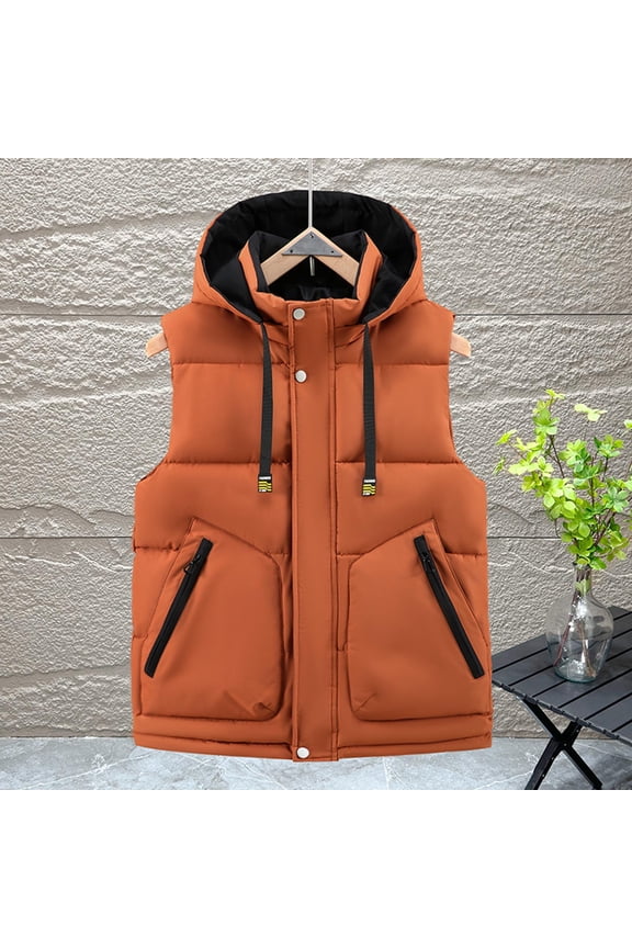 Men's Cotton Hooded Vest, Thickened Sleeveless with Zipper Pockets, Warm Quilted Waistcoat for Outdoor and Casual Wear