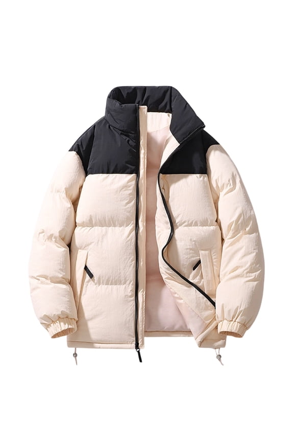 Men's Cotton Jacket, Color-Blocked Long Sleeve with Stand Collar Zipper Front, Thickened Warm Winter Coat for Casual Outdoor Activities