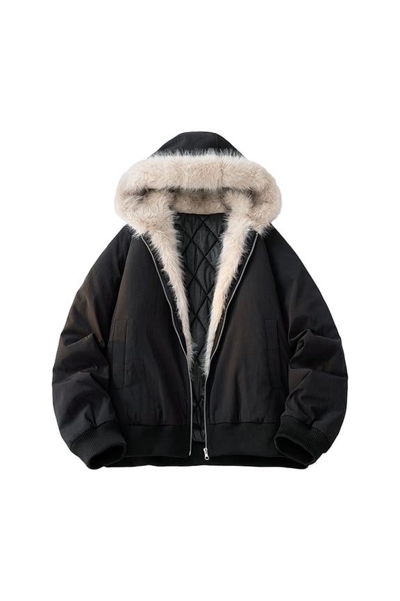 Men's Cotton Jacket, Solid Color Thickened Warm Long Sleeve Hooded Zip-Up Coats for Outdoor and Casual Wear