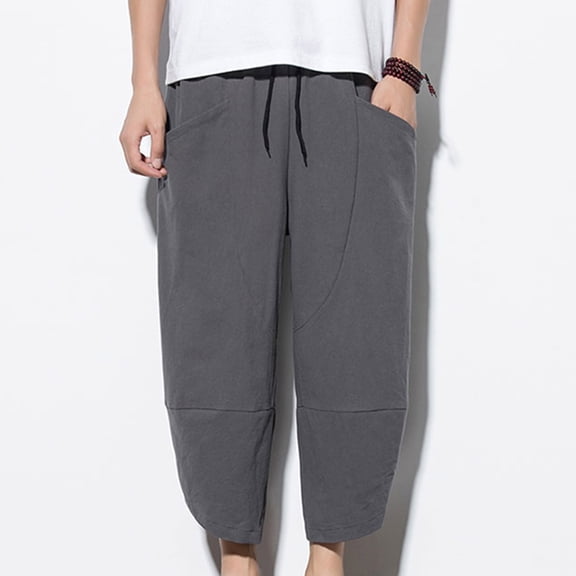 Handshe Men's Cotton-Linen Casual Cropped Pants Loose Fit Breathable Comfortable Summer