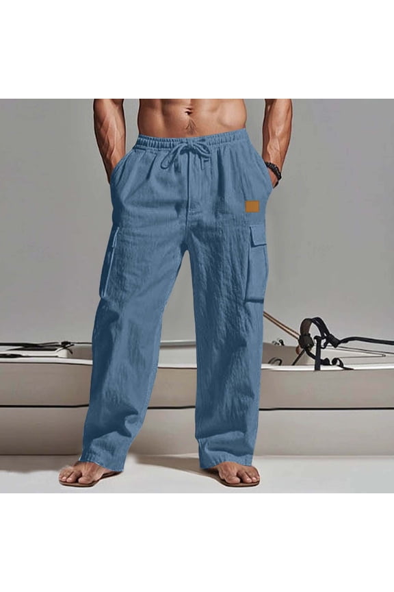 Men's Cotton Linen Casual Pants, Fashion Solid Color with Multiple Pockets, Elastic Drawstring Waist, Straight Leg for Daily Wear