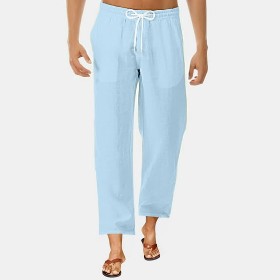 Handshe Men's Cotton-Linen Casual Pants Solid Color Loose Fit with Drawstring Waist and Pockets Breathable Comfortable Outdoor