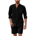 thumbnail image 1 of Handshe Men's Cotton Linen Stand Collar Shirt & Elastic Waist Shorts Set, Long Sleeve Breathable Button-Up Top and Casual Comfortable Shorts Outfit for Daily Wear,Plus Size, 1 of 5
