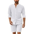 thumbnail image 1 of Handshe Men's Cotton Linen Stand Collar Shirt & Elastic Waist Shorts Set, Long Sleeve Breathable Button-Up Top and Casual Comfortable Shorts Outfit for Daily Wear,Plus Size, 1 of 5