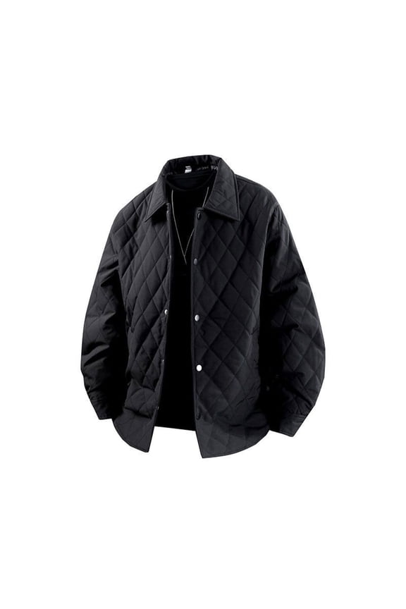 Men's Cotton Shirt Jacket, Solid Color with Turn-Down Collar, Diamond Quilted Pockets and Button Closure, Lightweight Warm for Fall Winter Casual Wear