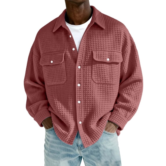 Handshe Men's Cotton Waffle Knit Button-Down Shirt, Solid Color Long Sleeve, Casual and Comfortable for Daily Wear