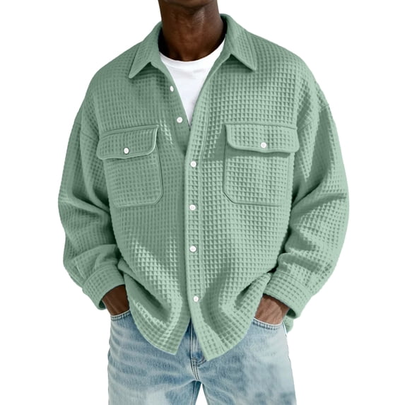 Handshe Men's Cotton Waffle Knit Button-Down Shirt, Solid Color Long Sleeve, Casual and Comfortable for Daily Wear