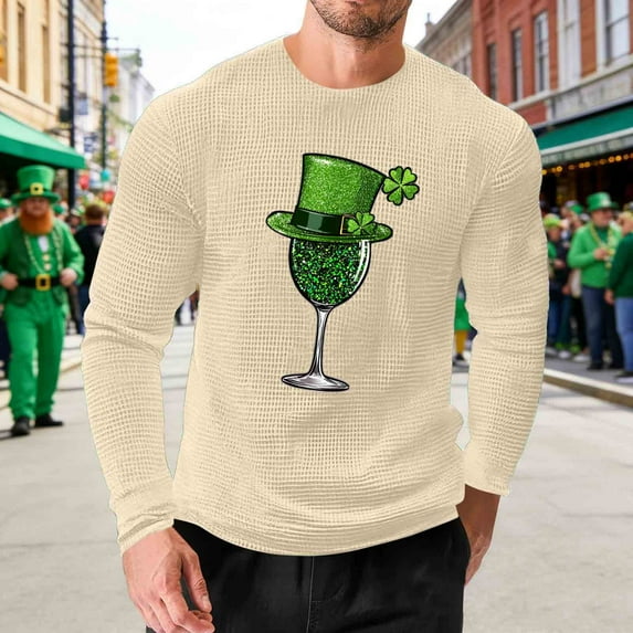Handshe Men's Cotton Waffle T-Shirt, Loose Fit Stretch Long Sleeve with St.Patrick's Day Print, Casual Fitness Loungewear for Home and Daily Use