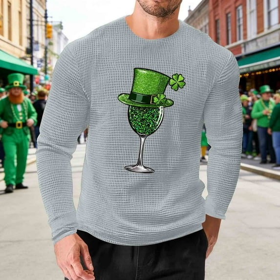 Handshe Men's Cotton Waffle T-Shirt, Loose Fit Stretch Long Sleeve with St.Patrick's Day Print, Casual Fitness Loungewear for Home and Daily Use