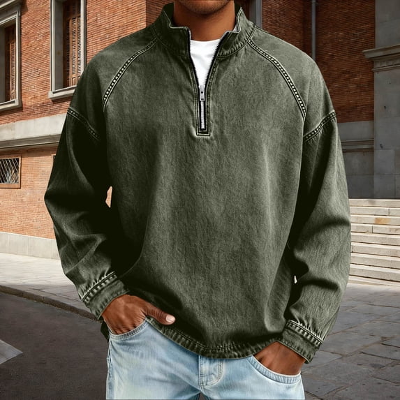 Handshe Men's Denim Hoodie, Solid Color Long Sleeve with Stand Collar and Half-Zipper, Washed Distressed Casual Sweatshirt for Daily Wear