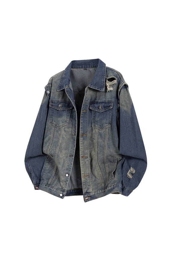 Men's Denim Jacket, Washed and Distressed, Point Collar & Multiple Pockets, Button Front Cotton Casual Outerwear for Streetwear and Daily Use